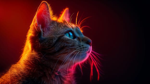 A cat with green eyes and brown and white fur looks off to the side in a dark room. The cat's fur is illuminated by colorful lights. The lights make the cat's fur appear orange, pink, and blue. The cat's whiskers are long and white.