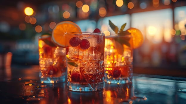 Three glasses of cocktails sit on a dark bar counter, illuminated by warm, golden light. Each glass is filled with ice, a reddish-orange liquid, and garnished with fresh raspberries and a slice of orange. The background is blurred, showing a bar setting with lights and a hazy sunset.