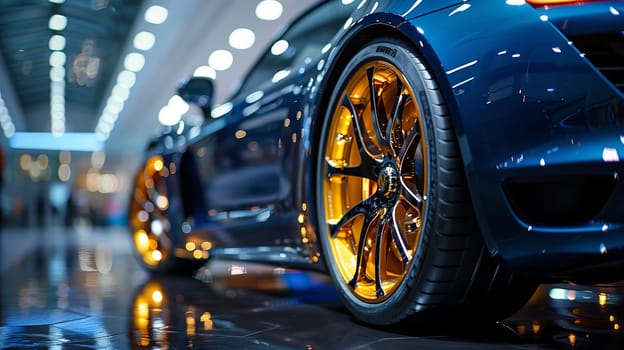 A close-up of the rear passenger side tire of a sleek, dark blue sports car, showcasing a gold rim with a multi-spoke design. The car is parked inside a bright, showroom environment, with a blurred background of other cars and bright lights.