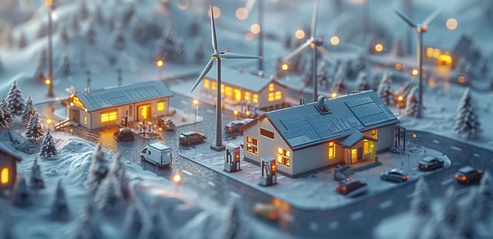 A miniature model of a winter village is illuminated at dusk, showcasing houses with solar panels, wind turbines powering the town, and a street filled with tiny cars.