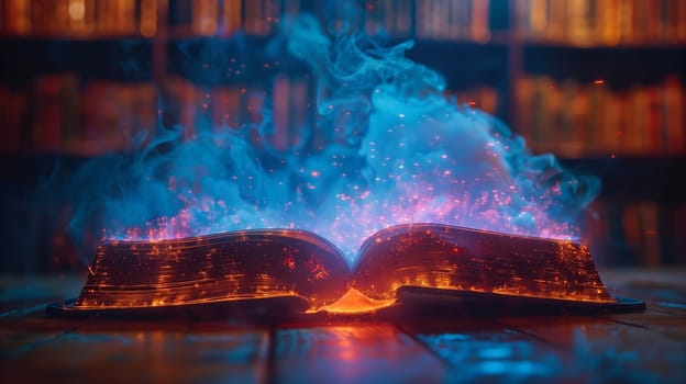 An open book sits on a wooden surface, glowing with magical blue and pink smoke. The book is illuminated from within, radiating an ethereal light. In the background, rows of bookshelves filled with colorful books blur into the distance.