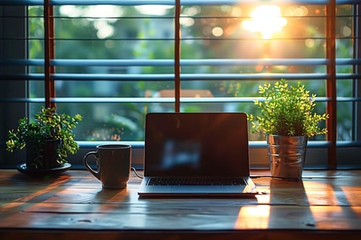 A laptop sits open on a wooden desk, beside a cup of coffee and a small plant. Light streams through the blinds illuminating the desk and creating a warm and inviting atmosphere.