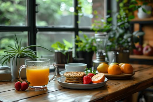 A glass of orange juice sits on a wooden table near a window, with a plate of pastries and fresh fruit beside it. The table is surrounded by green plants and there is a window in the background overlooking a lush, green garden.