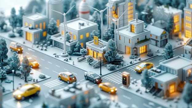 A close-up view of a miniature city model with wind turbines and cars driving along the roads. The model features small buildings, trees, and streetlights, all rendered in a light gray color scheme. The buildings have warm, yellow lights illuminating their windows, suggesting a daytime setting.
