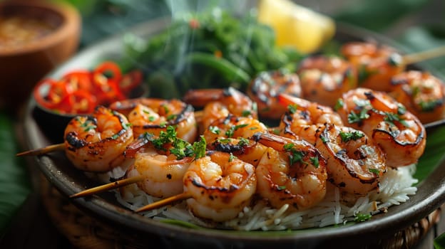 A close-up shot of grilled shrimp skewers resting on a bed of white rice, garnished with green onions and served with a side of chili peppers.