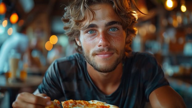 A young man with blonde hair and blue eyes sits at a table in a dimly lit restaurant. He is eating pizza with a fork and looking directly at the camera with a smile. There is a blurry background of other people sitting at tables and drinking beverages.