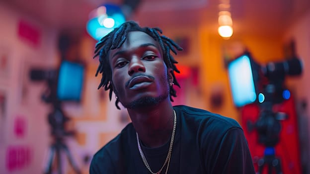A young Black man with dreadlocks poses for a portrait in a studio setting. He wears a black shirt and a gold chain. The background is out of focus and features a camera and colorful lighting. The man stares intently at the camera.