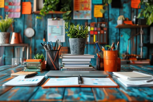 A modern workspace with a laptop computer, stacks of books, and various writing supplies, including pencils, pens, and a notebook, rests on a wooden desk. There are plants and other decorative items in the background, adding a touch of personality to the space.