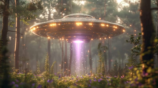 A silver, disc-shaped UFO hovers over a lush, green forest. The UFO emits a bright, purple beam of light that shoots down towards the forest floor. The morning sun shines through the trees, casting a golden glow on the scene.