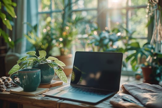 A laptop computer sits open on a rustic wooden table next to a mug of coffee. The table is in front of a large window with lush green plants and sunlight streaming in.
