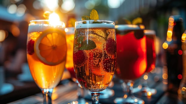Three tall glasses filled with refreshing summer cocktails, one with a lemon slice, one with raspberries and mint, and one with a deep red hue. The glasses are on a table, with the sun shining in the background.