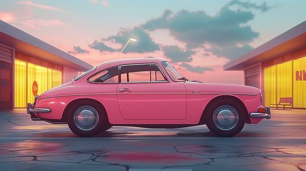 A pink classic car is parked in front of a building with large windows. The sky behind the car is a soft pink and orange, indicating sunset.