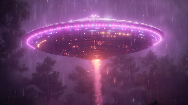A purple UFO hovers over a forest during a rainstorm. The UFO has a bright, pulsating light on its underside, illuminating the rain-soaked trees below.