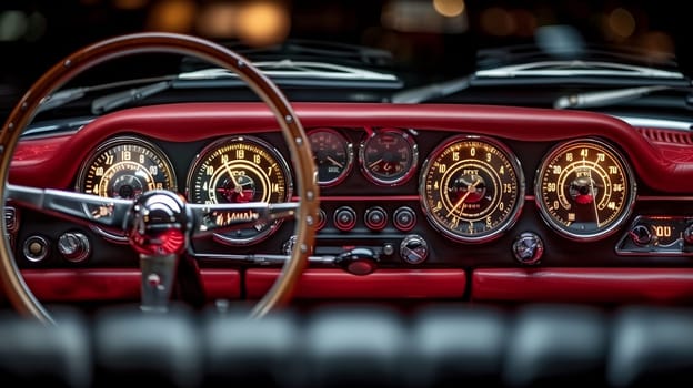 A close-up view of a classic car's interior, showcasing the dashboard with illuminated gauges, a wooden steering wheel, and red upholstery. The gauges are lit up, indicating that the car is ready for a drive.