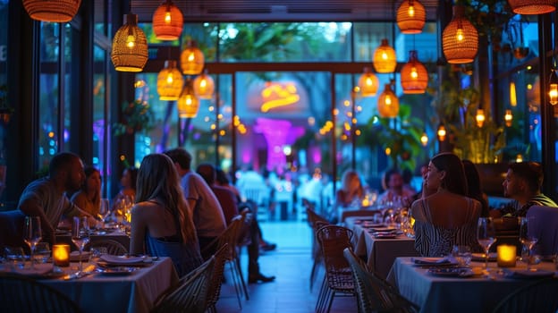 A group of friends enjoy dinner in a restaurant, with string lights above. They are seated at tables and talking. The restaurant has an outdoor patio and the sun is setting, creating a warm glow.