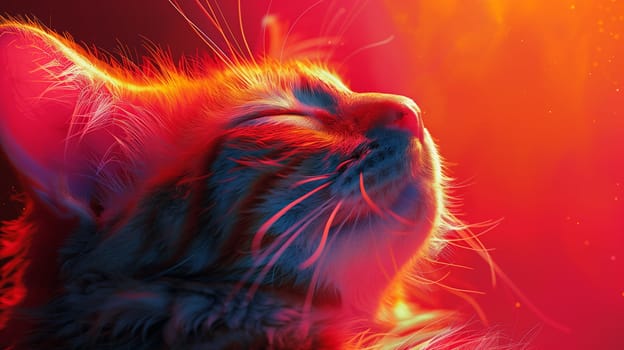 A close-up portrait of a cat's face, illuminated by a warm, red light. The cat's eyes are closed, and it is basking in the light, suggesting a feeling of contentment and relaxation.