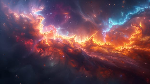 A fiery red nebula with swirling clouds of gas and dust, illuminated by bright stars, glows brightly against a dark backdrop of space. A ribbon of blue nebula cuts through the center of the image, adding a cool contrast to the warm red tones.