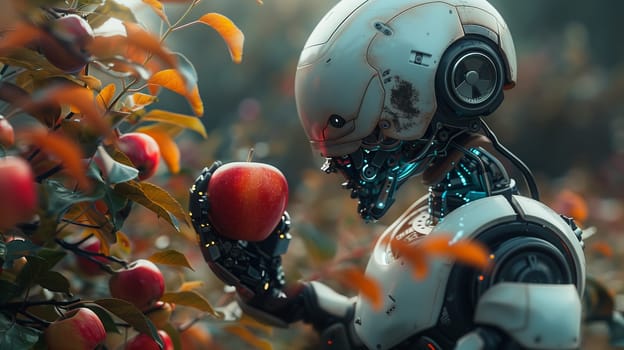 A futuristic robot with a white and silver body, holding a red apple in one of its mechanical hands, stands in front of an apple orchard. The robot's head is slightly tilted down, looking at the apple. Its eyes glow with a blue light.