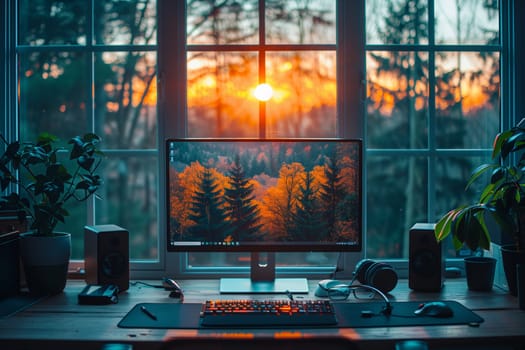 A desk with a computer monitor and keyboard sits in front of a large window with a view of a sunset behind a forest. There are two houseplants, headphones, a mouse, and two speakers on the desk.