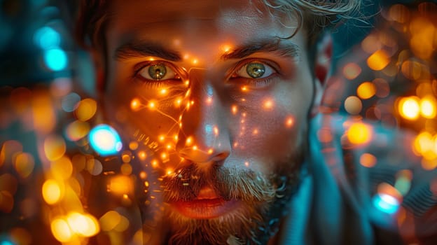 A bearded man with light brown hair looks directly at the camera. He is illuminated by string lights, which create a warm glow on his face and in the background.