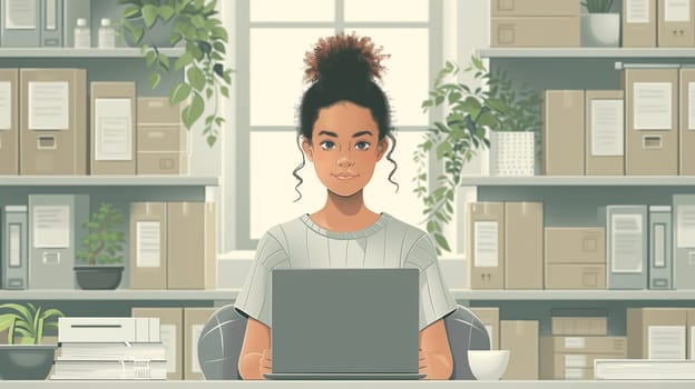 A young woman with curly hair is working on a laptop at her desk in a modern office setting. The office is clean and organized, with a bookshelf full of files and plants. Sunlight streams in through a window in the background, illuminating the woman's desk.