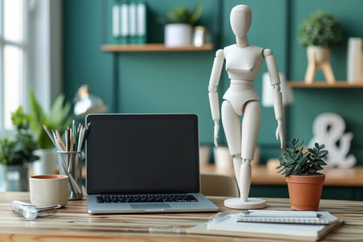 A white wooden artist's mannequin stands near a laptop on a wooden desk. The laptop screen is black and the desk is cluttered with pens, a ceramic mug, and a notebook. There is a potted plant to the right of the mannequin. The background features shelves with books and plants. The room is painted a teal green.