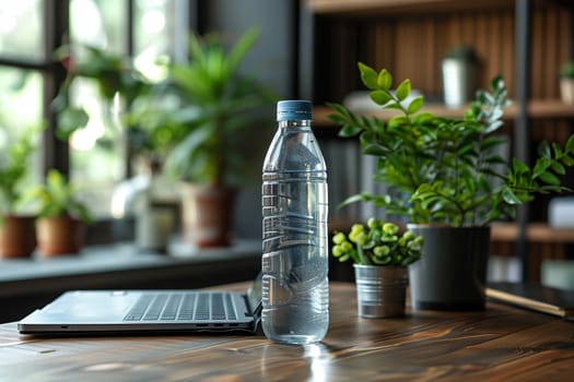 A plastic water bottle sits on a wooden desk next to a closed laptop computer. A small potted plant is in the foreground, with a larger plant and a window behind it, out of focus. The scene is likely an office or home workspace.