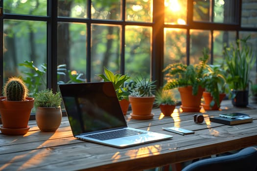 A laptop computer sits open on a wooden table by a window. The sun is setting outside, casting a warm glow through the window. There are several potted plants on the table and windowsill.