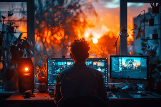 A man sits at a desk in front of two computer monitors, working as the sun sets outside the window. The sunset glows in orange and yellow through the glass, casting a warm light on the room. The man's silhouette is visible against the bright backdrop of the sunset.