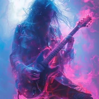 A long-haired guitarist plays a furious electric guitar solo, bathed in a vibrant pink and blue light show. The guitarist's hair flows in the wind, while the flames emanating from the instrument engulf them in a fiery aura. The image captures the raw energy and passion of a rock concert.