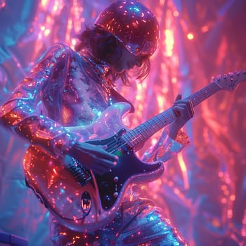 A musician with long dark hair and a sparkly silver jacket is playing a large electric guitar. The person is wearing a large, shiny, silver helmet with pink highlights. The background is a blur of pink and blue neon lights, creating a vibrant and dynamic scene.