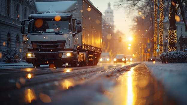 A semi-truck drives down a city street during a snowy sunset, with the road illuminated by streetlights and the truck's headlights, casting a warm glow.