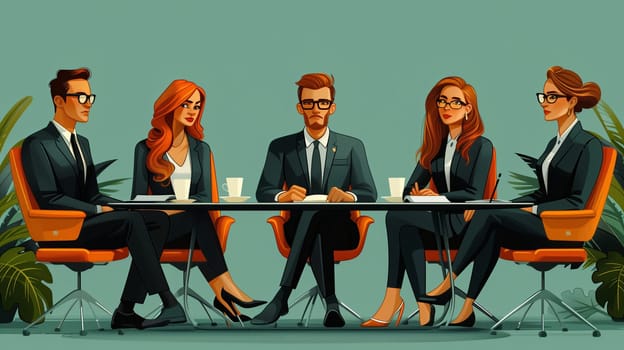 Four business professionals are sitting around a table, all wearing suits. Two men and two women are present at the meeting. They appear to be having a serious discussion. The room has a green background and plants are visible.