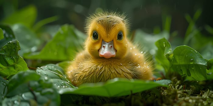 A small, yellow duckling rests among green leaves, looking directly at the camera. The duckling is wet, suggesting it has been rained on, and the leaves are covered in raindrops.