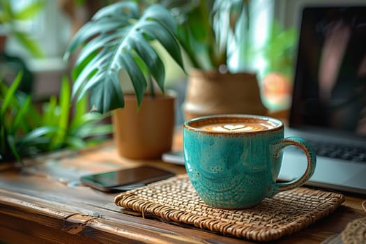 A teal ceramic mug with a heart design in the foam sits on a woven coaster atop a wooden table. A laptop sits to the right of the mug, and several potted plants are in the background.