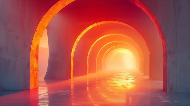 A perspective view of a concrete pathway lined with multiple arches, illuminated by a warm, bright light at the end. The arches create a sense of depth and lead the eye towards the glowing source.