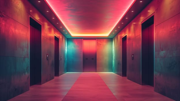 A hallway in a modern building with multiple elevator doors on each side. The hallway is illuminated by neon lights that create a colorful, glowing effect. The floors are smooth and reflective, reflecting the bright colors.