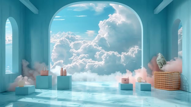 A blue room with arched windows, featuring a view of a cloudy sky. The room has a blue floor and platforms with products and a woven basket.