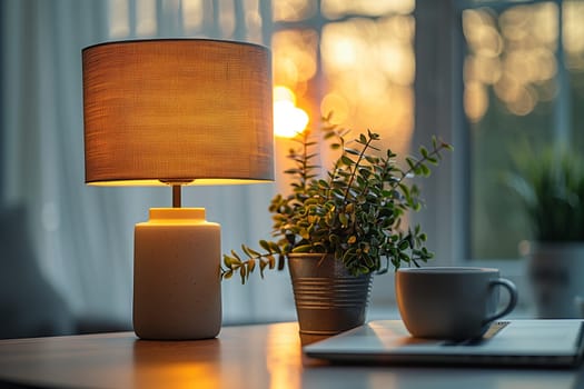 A warm, ambient lamp illuminates a small wooden table in a room bathed in the soft light of an evening sunset. A potted plant sits beside the lamp, while a cup of coffee rests on a nearby notebook. The scene evokes feelings of peace and tranquility.