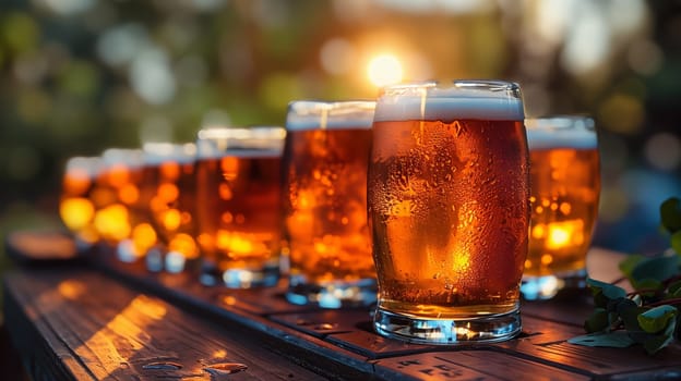 A row of glass mugs filled with amber beer sit on a wooden table outside. The glasses are frosted with condensation, and the beer is illuminated by the warm glow of the setting sun. The background is blurred, suggesting a relaxing outdoor setting.