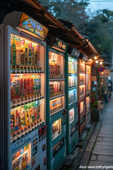A row of brightly lit vending machines line a Japanese street at night. The vending machines are filled with various snacks and drinks, and their illuminated signs cast a warm glow on the pavement. The street is empty, except for a few scattered plants and trees in the background.