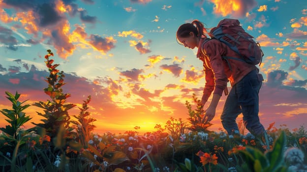 A woman wearing a backpack walks through a field of wildflowers, picking at the flowers. The sun is setting in the background, casting an orange glow over the sky and landscape.