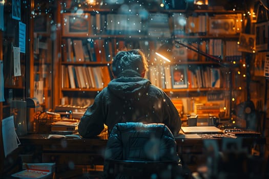 A person sits at a desk in a library, working with books and papers as snow gently falls around them. The desk is illuminated by a desk lamp, casting warm light on the person's back and the books on the shelves.