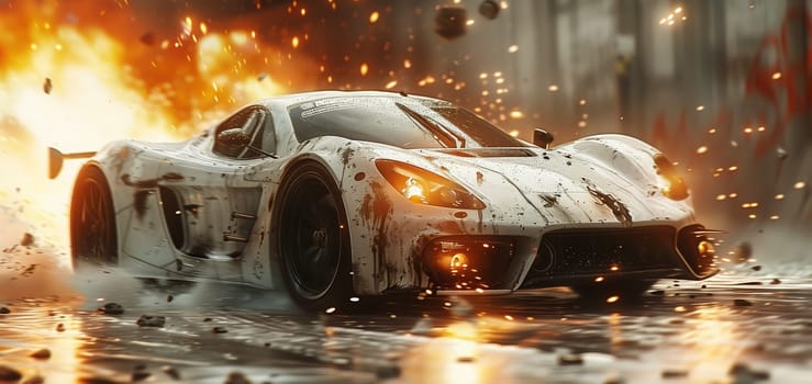 A white sports car drives through a city street engulfed in an explosion, with debris flying through the air. The car is covered in soot and debris, with sparks flying from its tires.