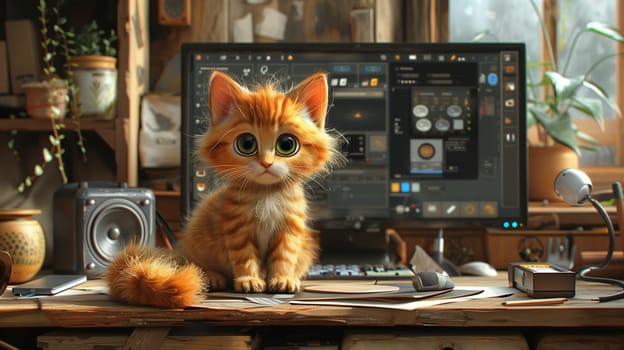 A cute, orange tabby kitten with big, wide eyes sits on a wooden desk in front of a computer monitor. The kitten is looking directly at the viewer, and its tail is wrapped around its legs. There is a speaker, a mouse, and a lamp on the desk.