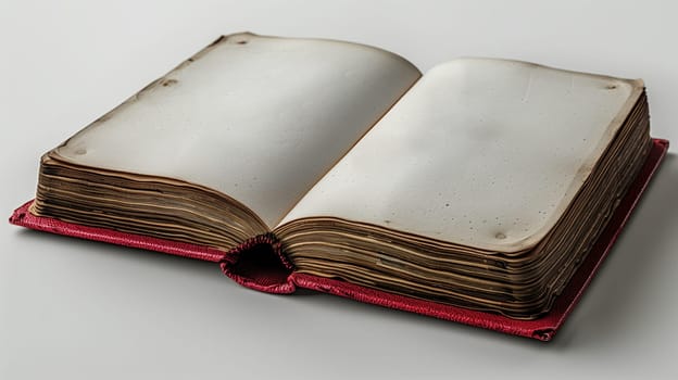 A worn, antique book with a red cover lies open on a white surface. The book's pages are yellowed and aged, revealing the passage of time. The binding is sturdy, hinting at a long and well-loved history. The pages are blank, inviting the viewer to imagine the stories they could hold.