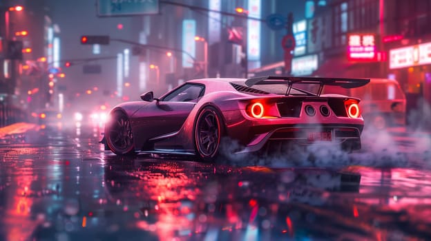 A red sports car, emitting smoke, drives down a wet street lined with buildings illuminated by neon signs at night.