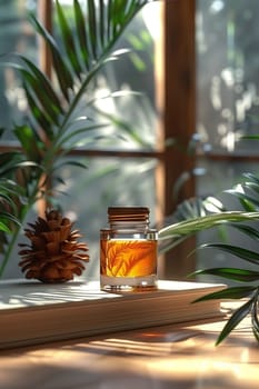 A glass bottle filled with amber liquid sits atop a closed book, bathed in the warm glow of sunlight streaming through a nearby window. A green plant with long, thin leaves partially obscures the view, casting dappled shadows on the wooden table. A small, brown pine cone rests on the book beside the bottle, adding a touch of nature to the scene.