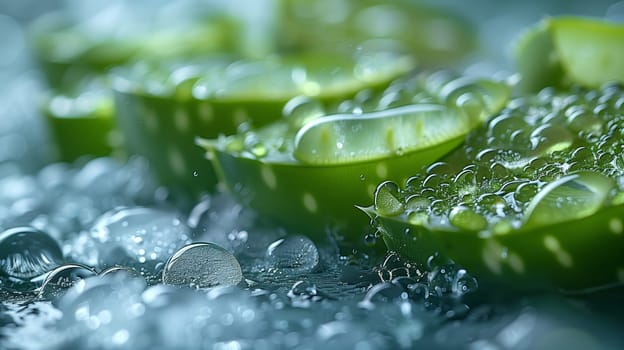 Close-up of a single, sliced, aloe vera leaf with many water droplets on its surface. The leaf is bright green and the water droplets are clear and shiny. The background is blurred and out of focus.