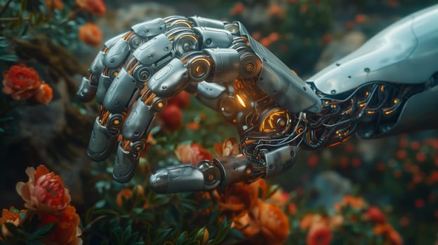 A close-up of a metallic robotic hand, its intricate mechanisms exposed, as it reaches through a lush garden of blooming roses. The hand appears delicate yet powerful, a testament to the advancements in robotics. The roses in the background provide a contrasting backdrop, showcasing the beauty of nature alongside the marvels of technology.